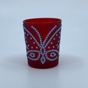 Red votive candle holder, unique, handmade. 2.5 in. high. Blue/gray rhinestones